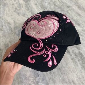 Black and Pink Embroidered Rhinestone Women's Cap